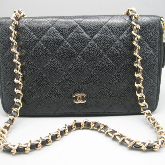 Vintage Chanel Black Caviar Leather Leather Long Bag Wallet - Picture 1 of 16